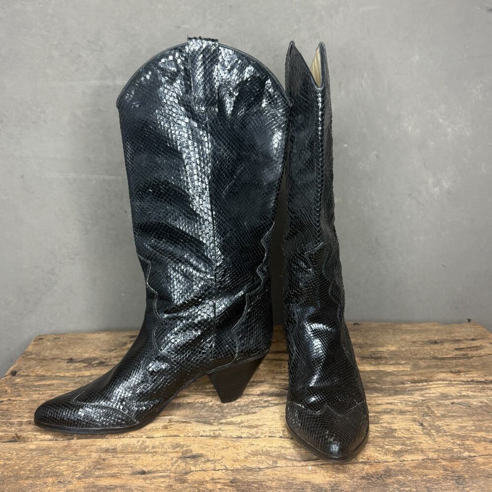 80s Genuine Snakeskin Mid-Calf Boots Black Cone Heel 8.5 Made In Italy